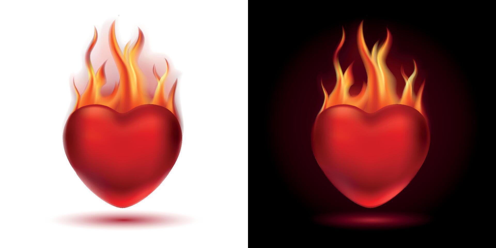 Glossy red heart on fire on white and dark background. Mesh gradient icon. Love romantic design. Template for holiday cards, Valentine's day, happy wedding vector