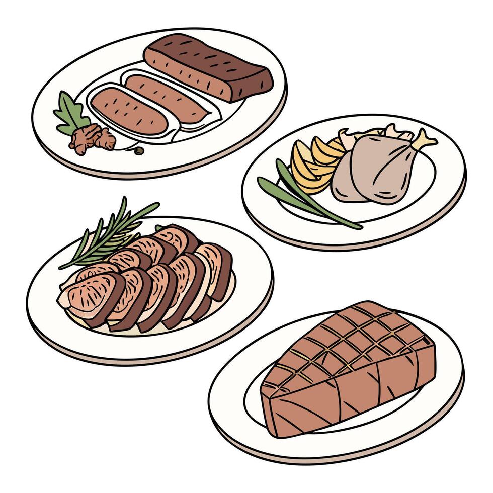 A set of hand drawn food dish with meat and sweets vector