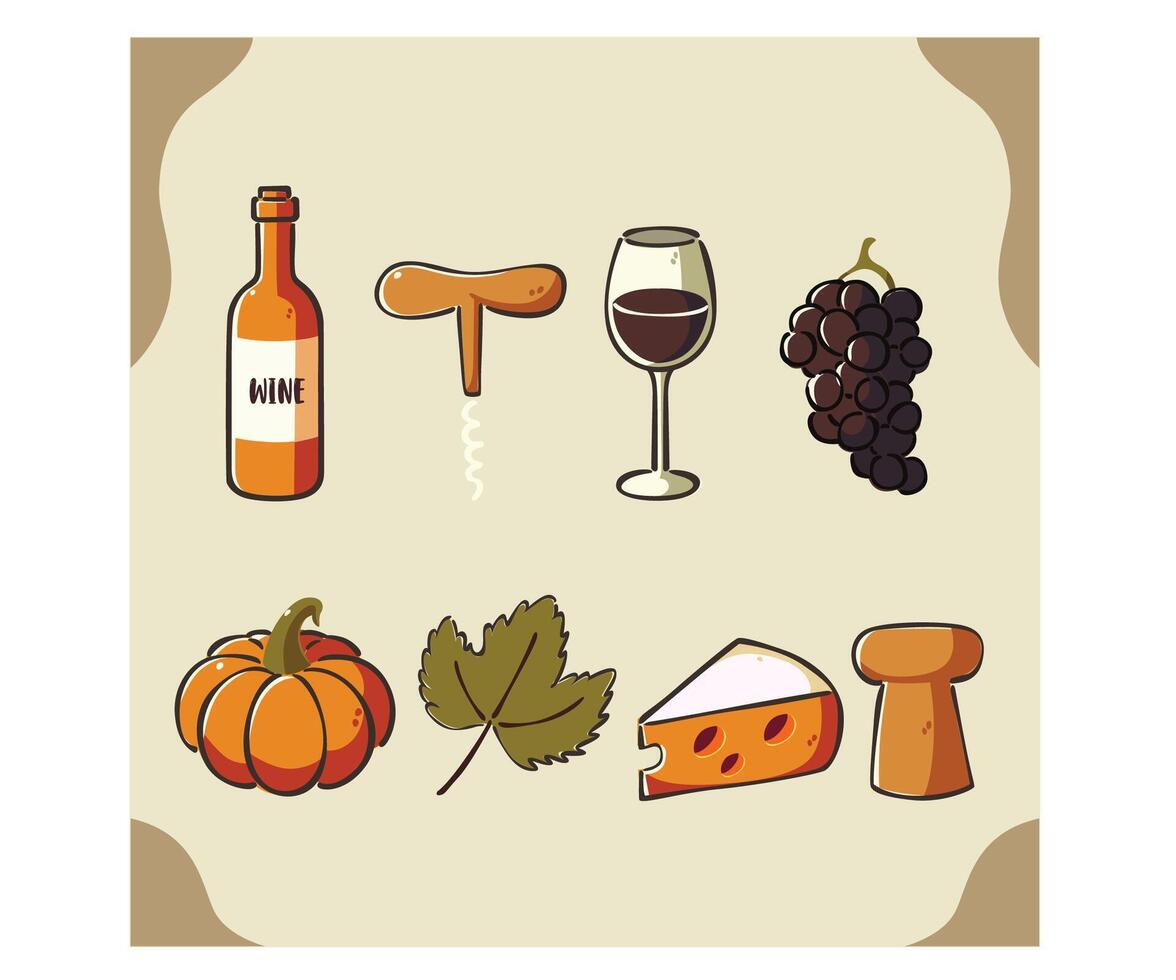 Artistic Collection of Wine, Cheese, and Pumpkins Illustration vector