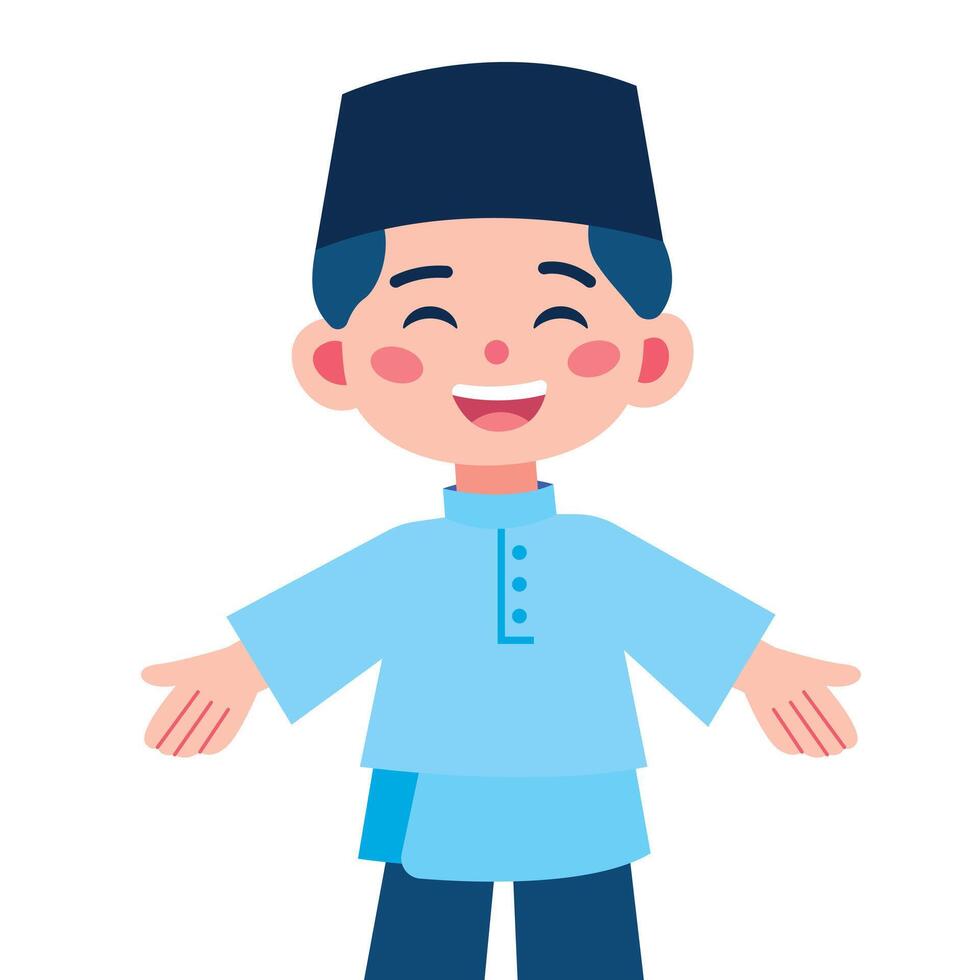 Happy smiling malay muslim kid open arm pose welcome gesture flat design vector