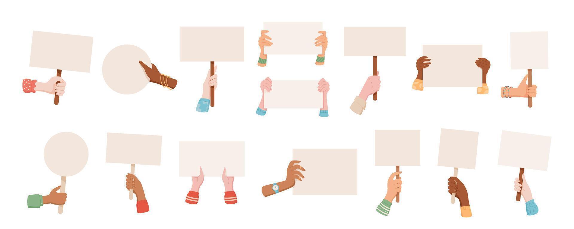 Isolated hands hold protest sign and banners set, man parade demonstration rectangle signboard collection, character show up protest circle flag, person raise support poster, hand hold strike placard vector