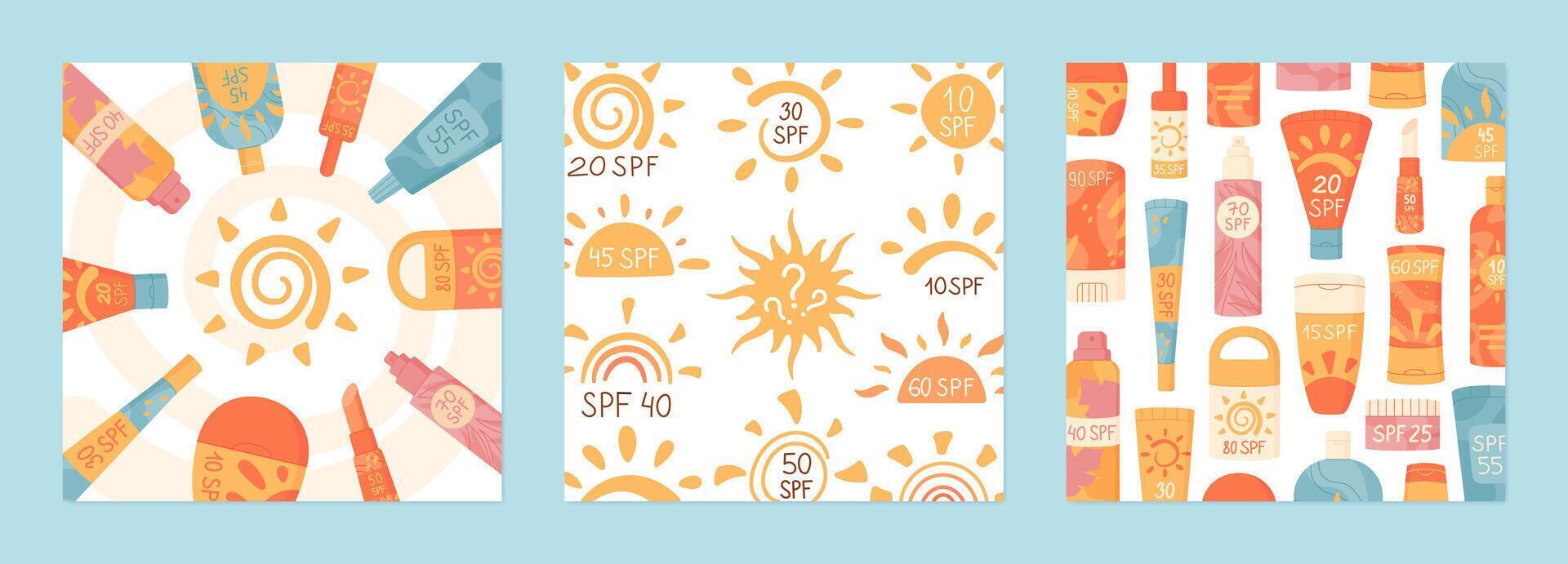 Flat summer banner set with spf cream and sun symbols, sun block cosmetic bottle and skin protection moisturizer product at cartoon backgrounds, hand drawn sun shapes at social media post template. vector