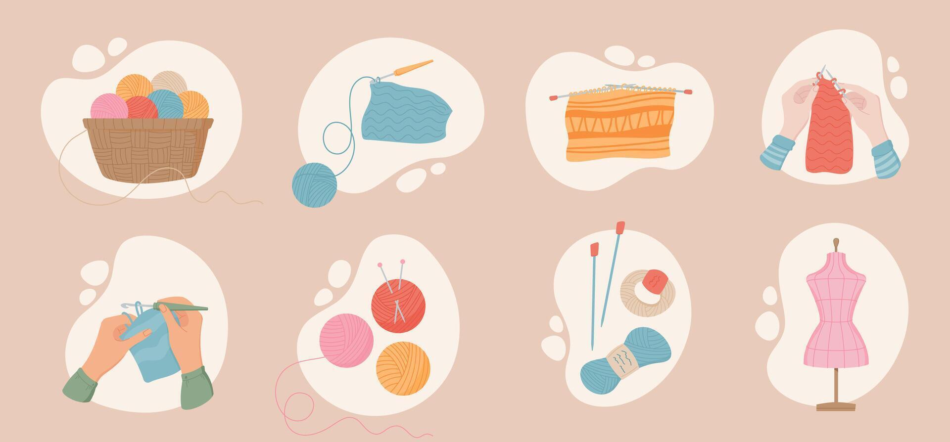 Knit and crochet set with basket of yarn, hands knitting and crocheting with thread. Scattered sewing tools, knitting needles, and tailor mannequin. Cute illustration of handmade embroidery. vector