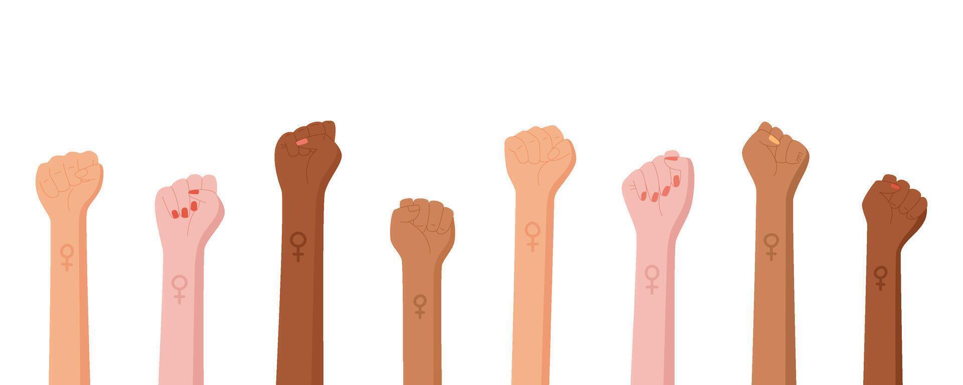 People hold a solidarity fist gesture, an isolated person shows up with a revolution fist, a feminist is holding a strength sign, a character holds a support arm, and a woman raises a protest symbol. vector