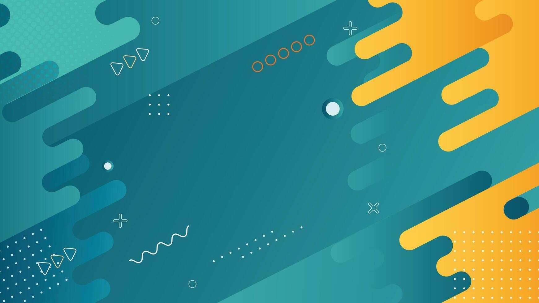 Dynamic Memphis-style background featuring teal and yellow hues with geometric shapes, dotted patterns, and playful accents. Perfect for presentations, web design, and creative projects. vector