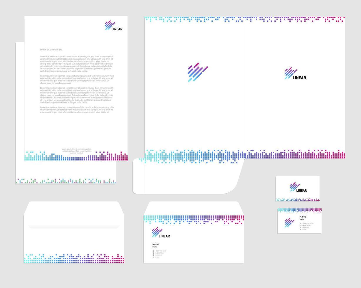 Business corporate identity set template, white background, colorful square, linear logo. Card, blank, folder, envelope. vector