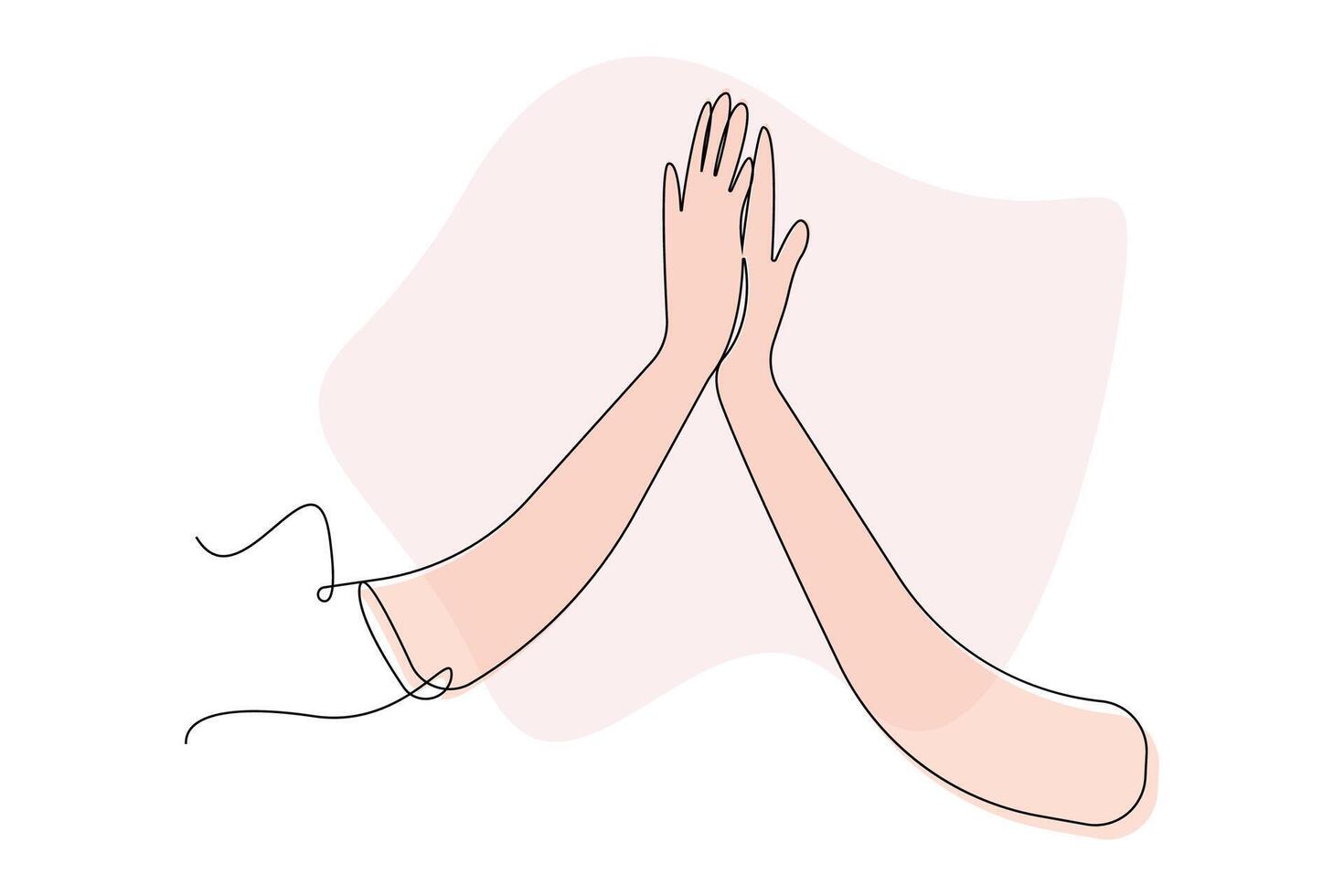 Hand-drawn hands giving high five continuous line art. vector