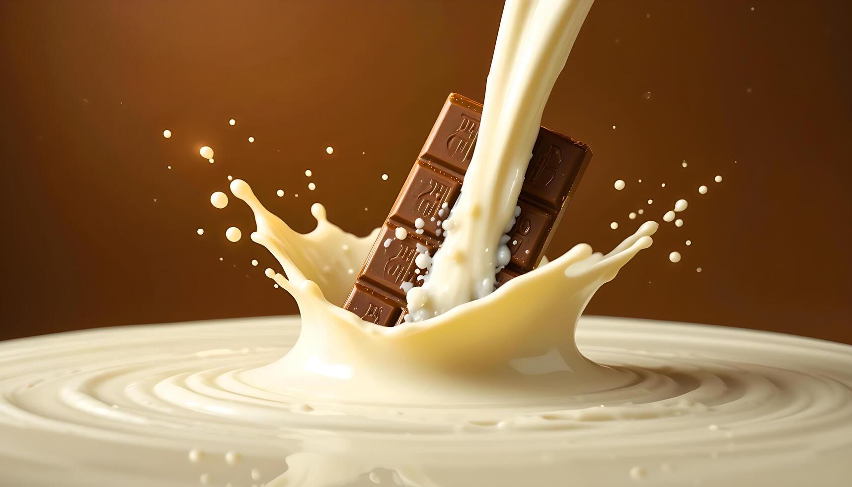 Chocolate Bar Dipped into a Splash of Milk with Dynamic Motion and dark Brown Background photo