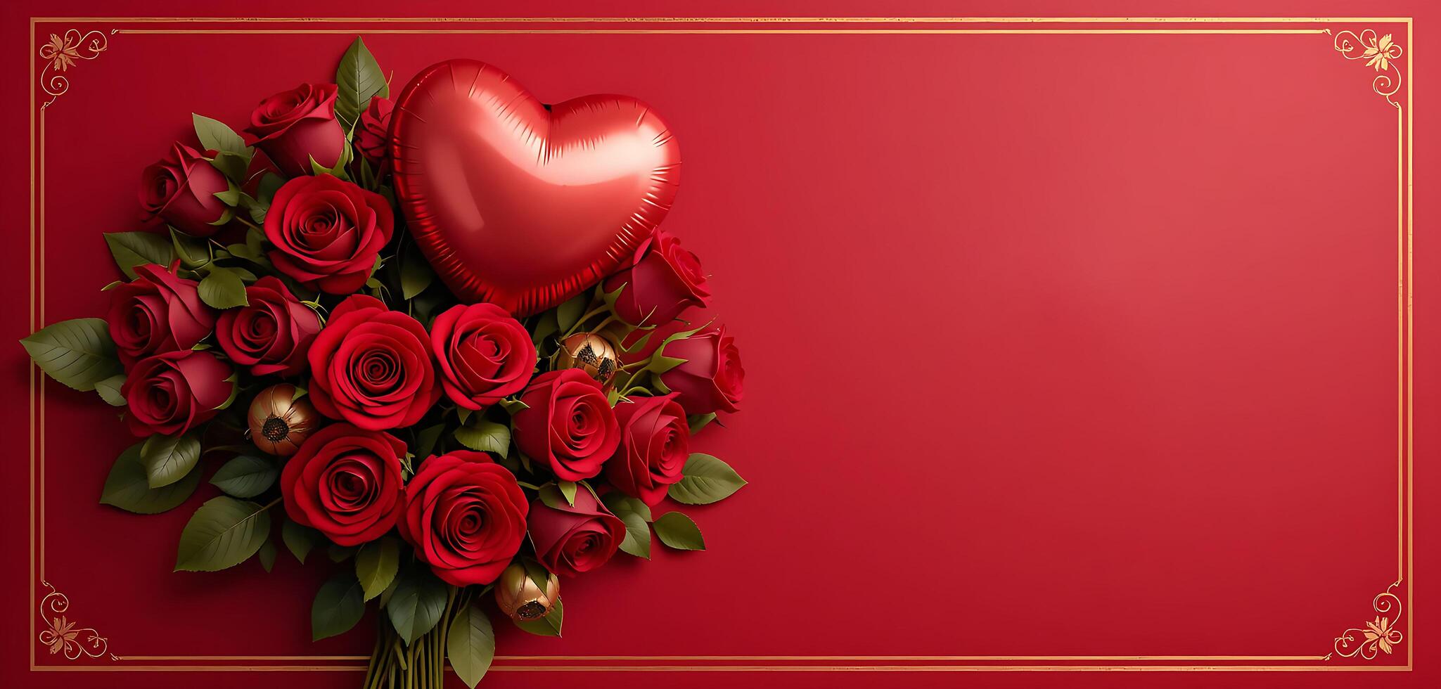 Red Roses Bouquet with Heart-Shaped Balloon in an Elegant Gold Frame on a Red Confetti Background for Valentines's Day photo