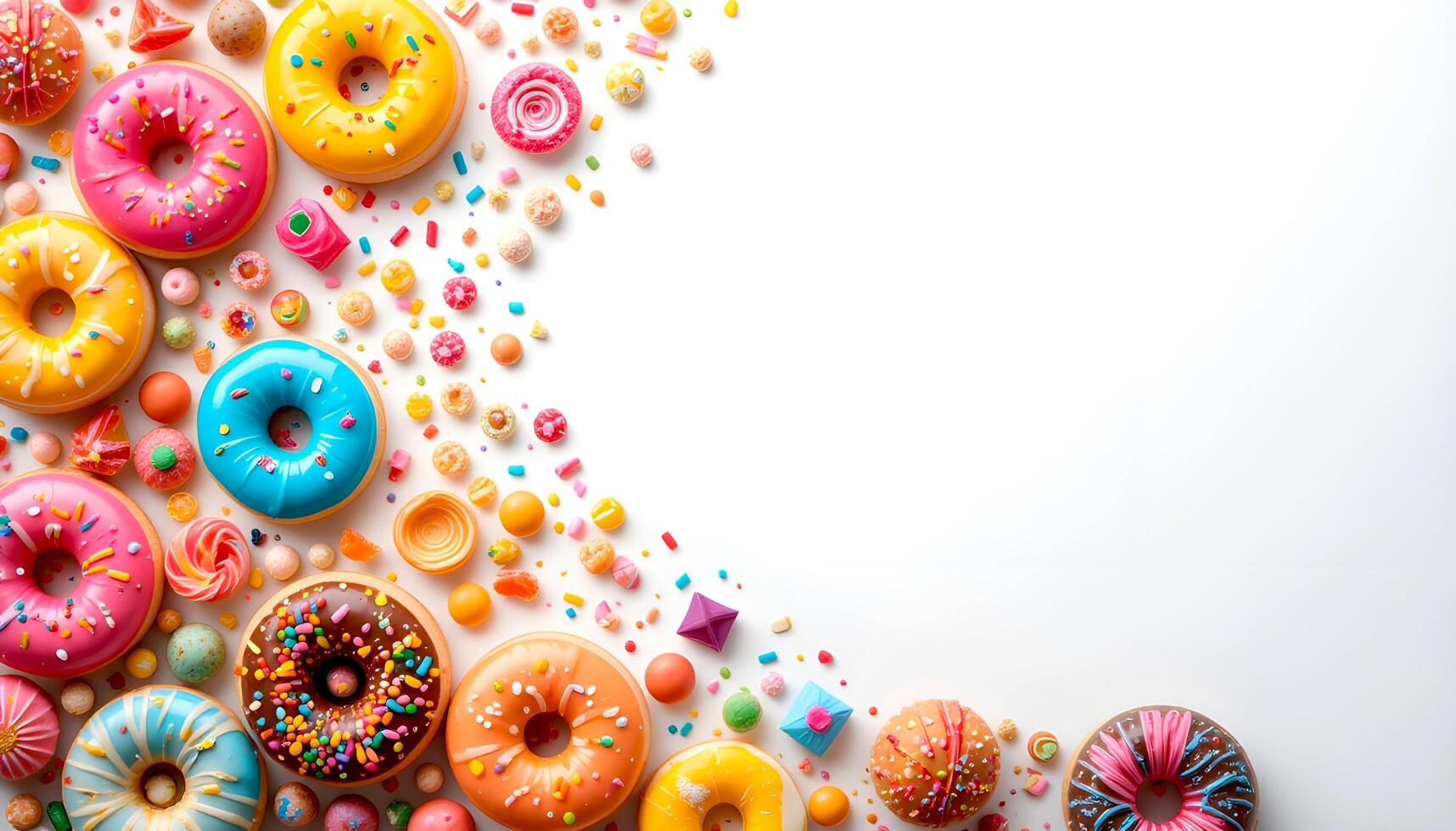 A Vibrant Assortment of Donuts with Icing and Sprinkles, Surrounded by Colorful Candies photo