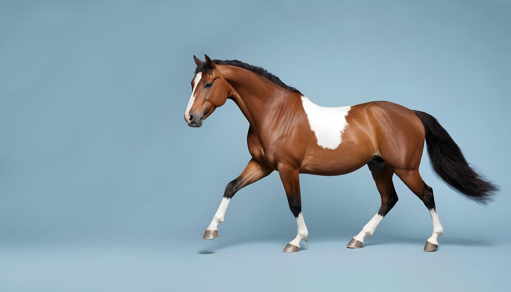 Majestic Brown and White Horse in a Dynamic Pose on Blue Background photo