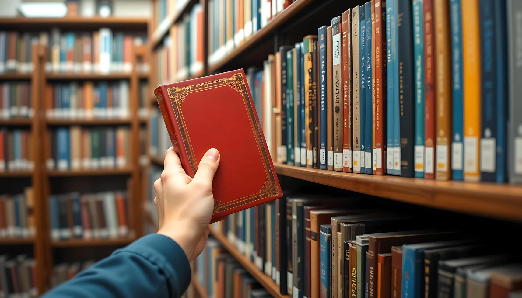 Hand Holding a Red Book in Front of a Bookshelf Free Download HD Image photo