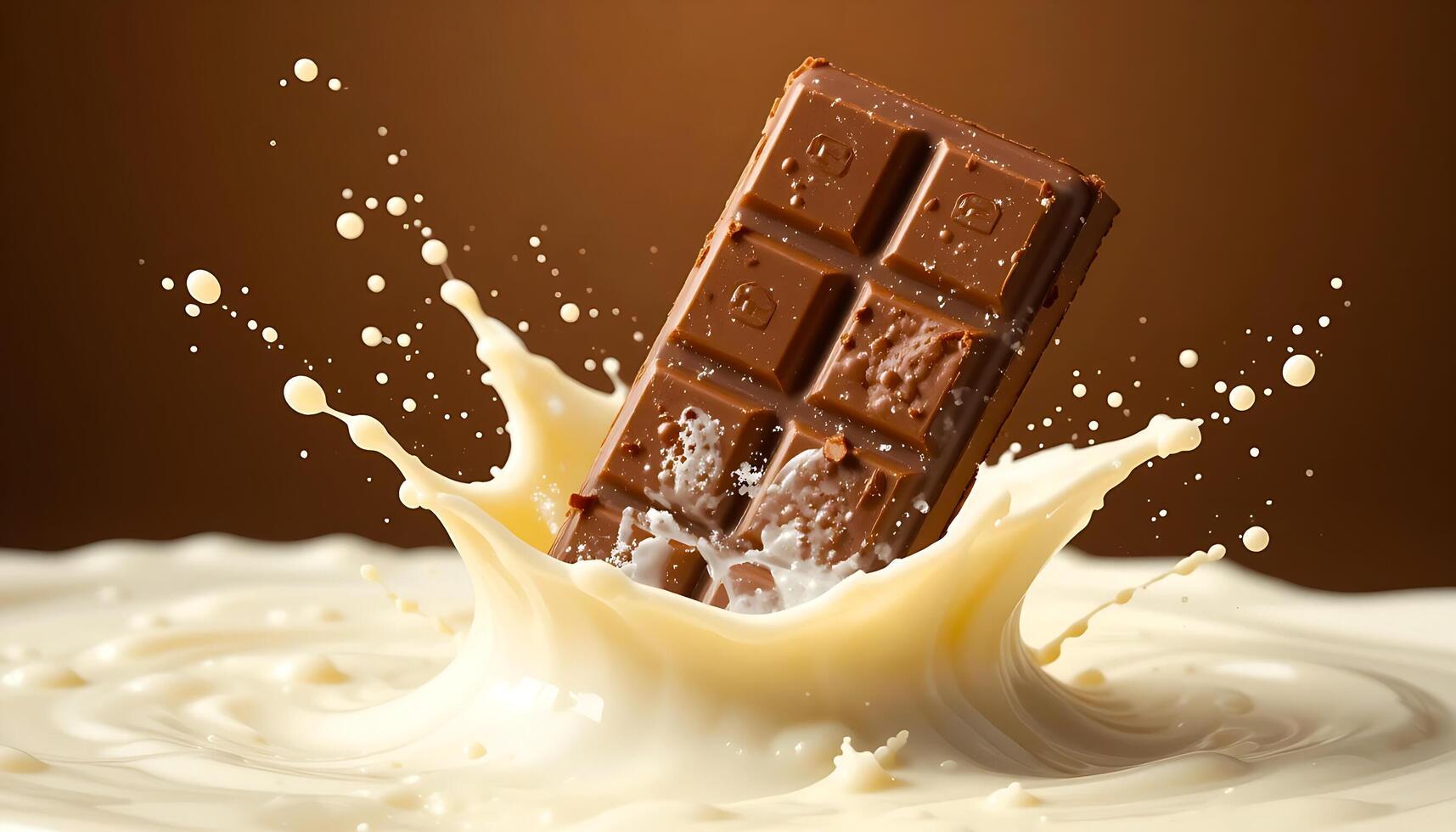 Indulgent Delight, Chocolate Bar Dipped into a Splash of Milk with Dynamic Motion and Rich Brown Background photo