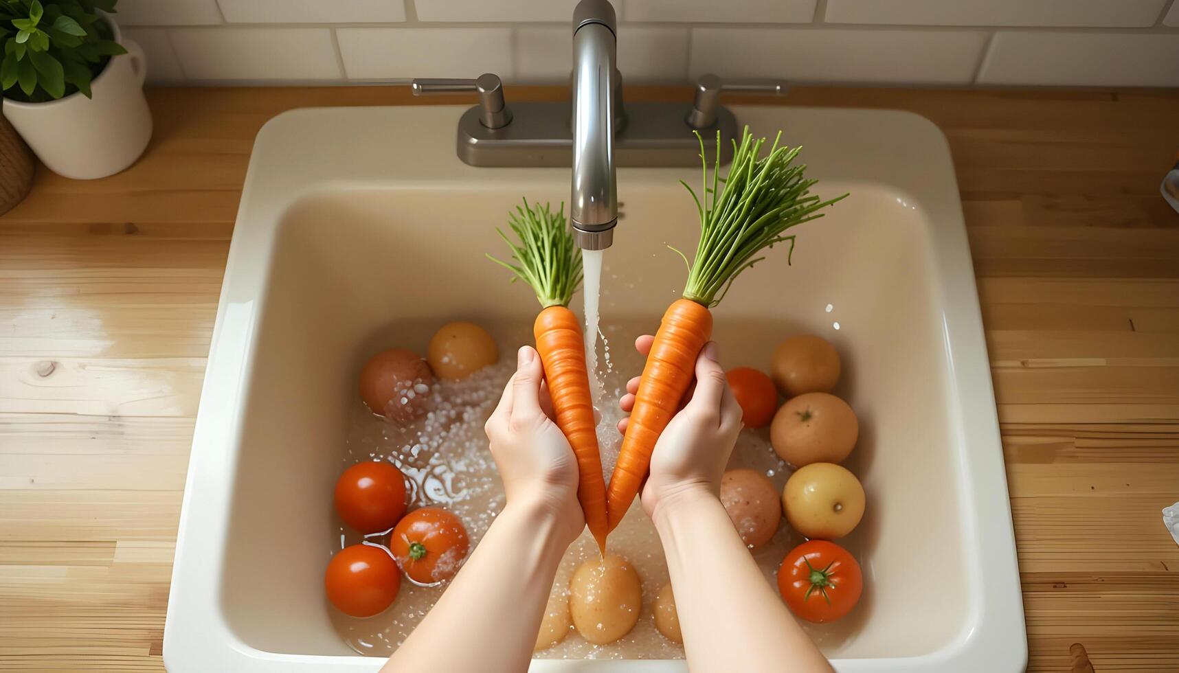 Healthy Food Preparation, Washing Fresh Carrots and Vegetables Under Running Water in a Kitchen Sink photo