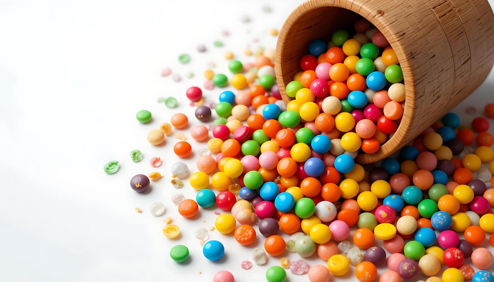 Colorful Candy Delight, A Wooden Container Spilling Bright Round Candies onto a White Surface photo