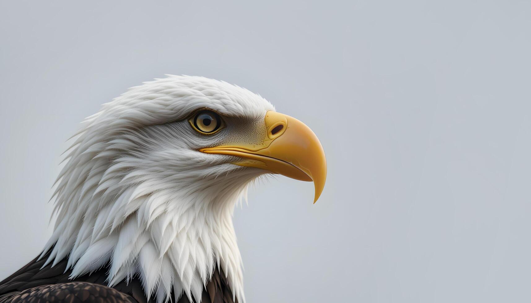 Majestic Bald Eagle Close Up with Piercing Yellow Eye Against a Light Gray Background photo