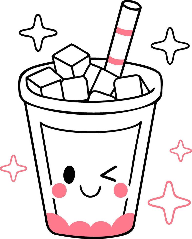 A cute, animated drink with a smiley face, ice cubes, and a straw, surrounded by sparkling stars. vector