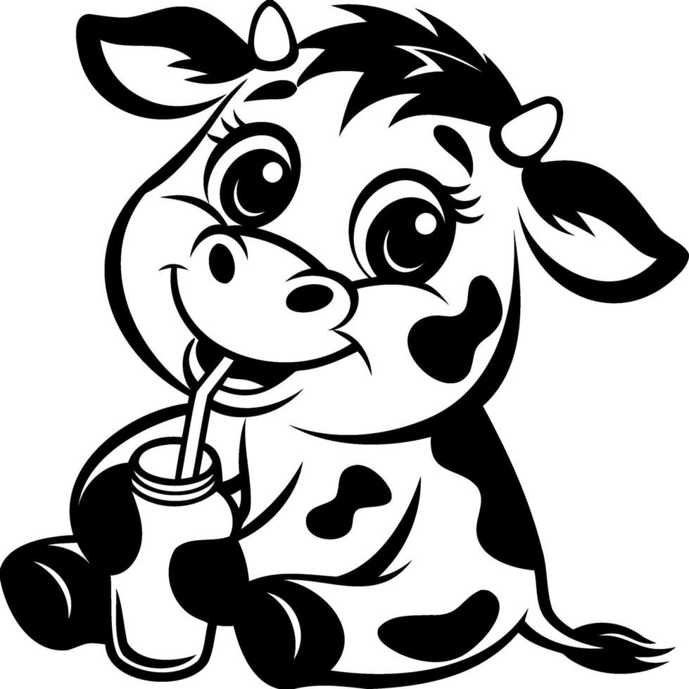 Cute cartoon cow drinking milkshake vector