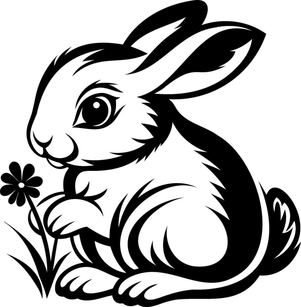 Bunny Cute rabbit holding a flower in a simple black and white illustration. vector