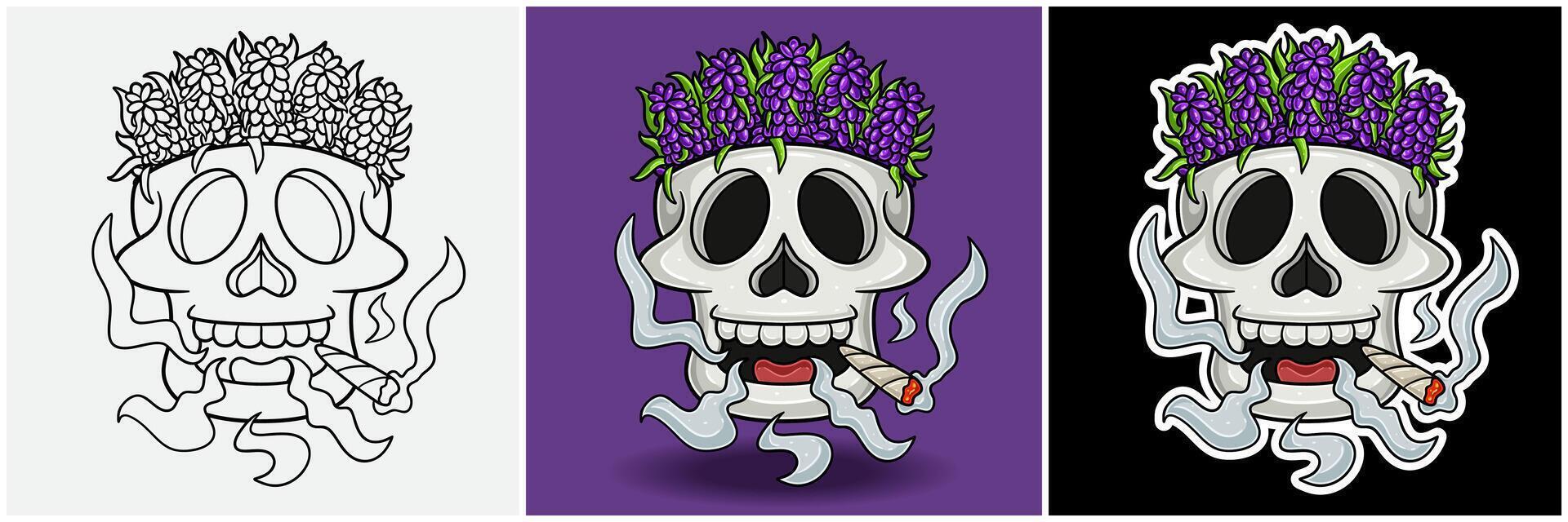 Lavender Inside Skull Head With Smoking Character Cartoon. Black White, Colorful and Sticker Style. vector