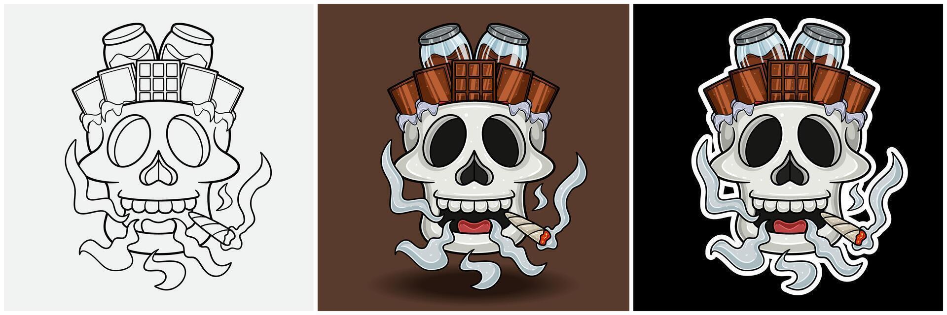 Chocolate Inside Skull Head With Smoking Character Cartoon. Black White, Colorful and Sticker Style vector