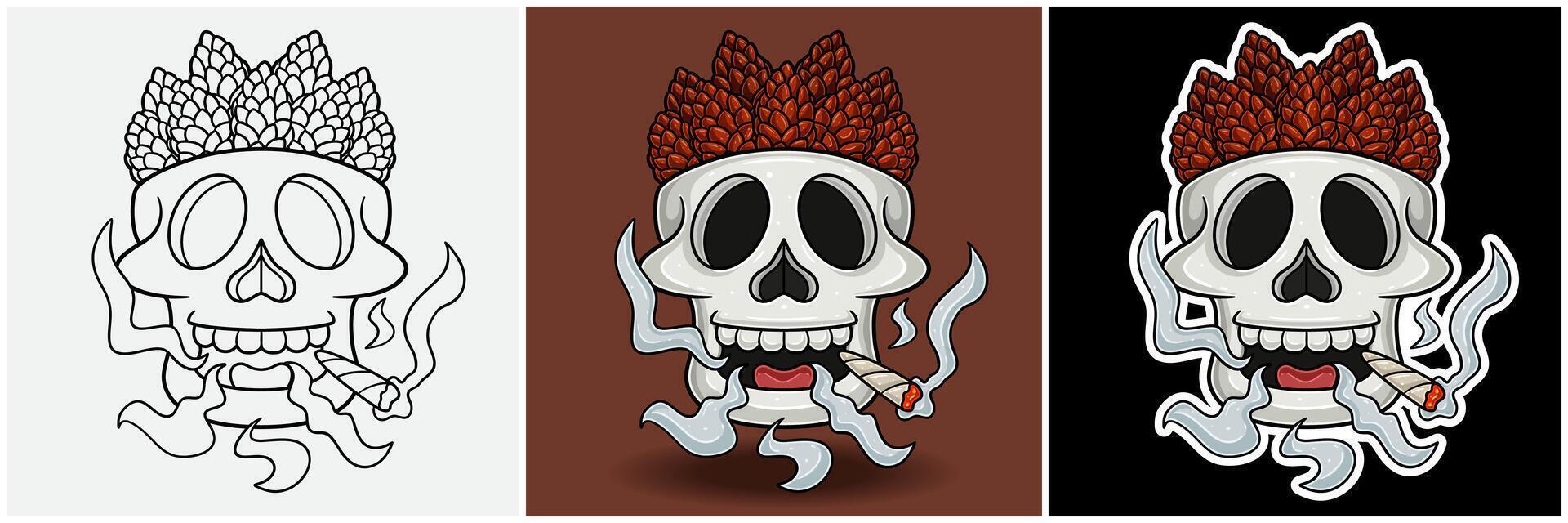 Pine Cone Inside Skull Head With Smoking Character Cartoon. Black White, Colorful and Sticker Style vector
