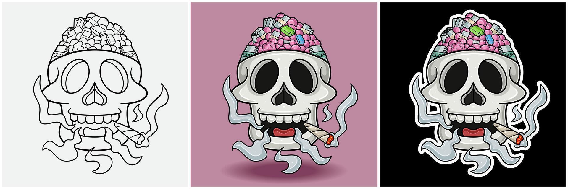 Bubble Gum Inside Skull Head With Smoking Character Cartoon. Black White, Colorful and Sticker Style. vector