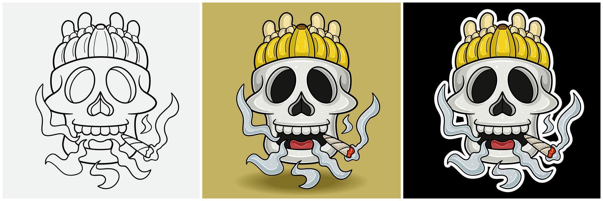 Banana Fruit Inside Skull Head With Smoking Character Cartoon. Black White, Colorful and Sticker Style vector