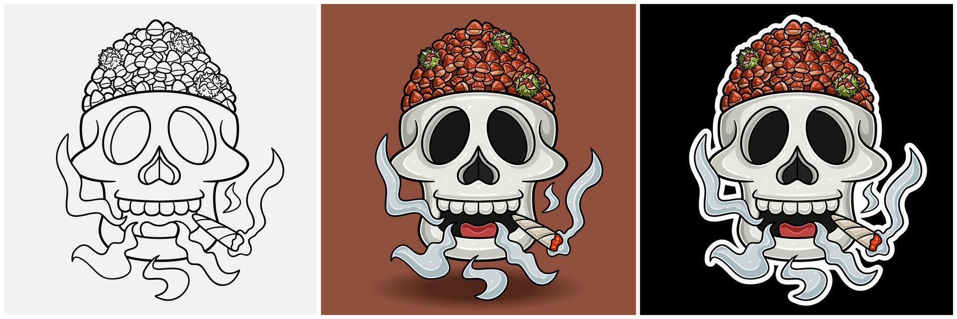 Chestnut Inside Skull Head With Smoking Character Cartoon. Black White, Colorful and Sticker Style vector
