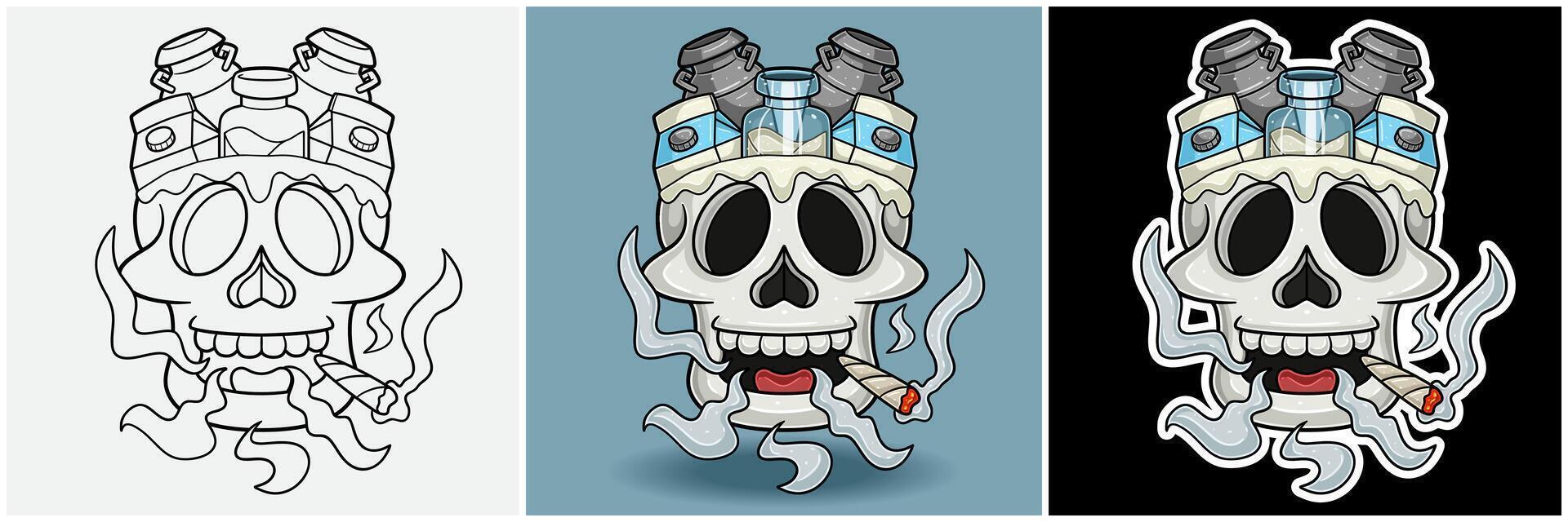 Milk Inside Skull Head With Smoking Character Cartoon. Black White, Colorful and Sticker Style. vector