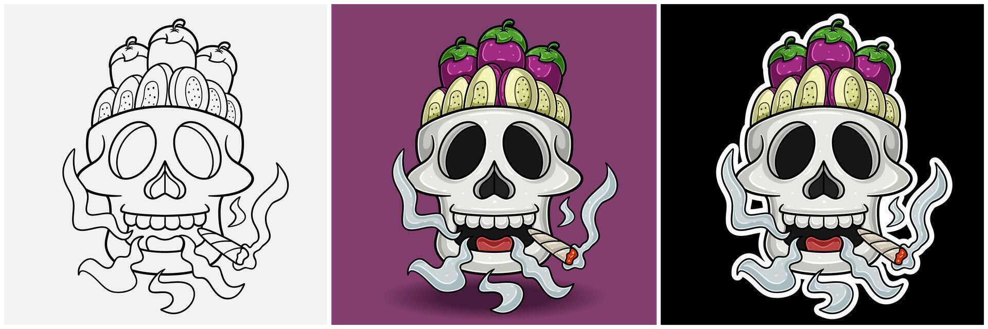 Eggplant Inside Skull Head With Smoking Character Cartoon. Black White, Colorful and Sticker Style. vector