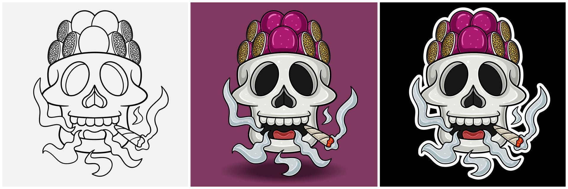 Passion Fruit Inside Skull Head With Smoking Character Cartoon. Black White, Colorful and Sticker Style vector