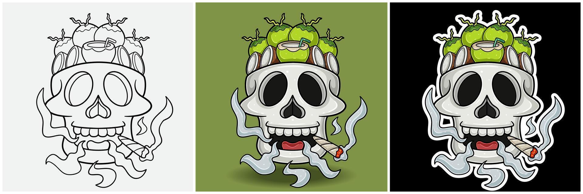Coconut Fruit Inside Skull Head With Smoking Character Cartoon. Black White, Colorful and Sticker Style vector