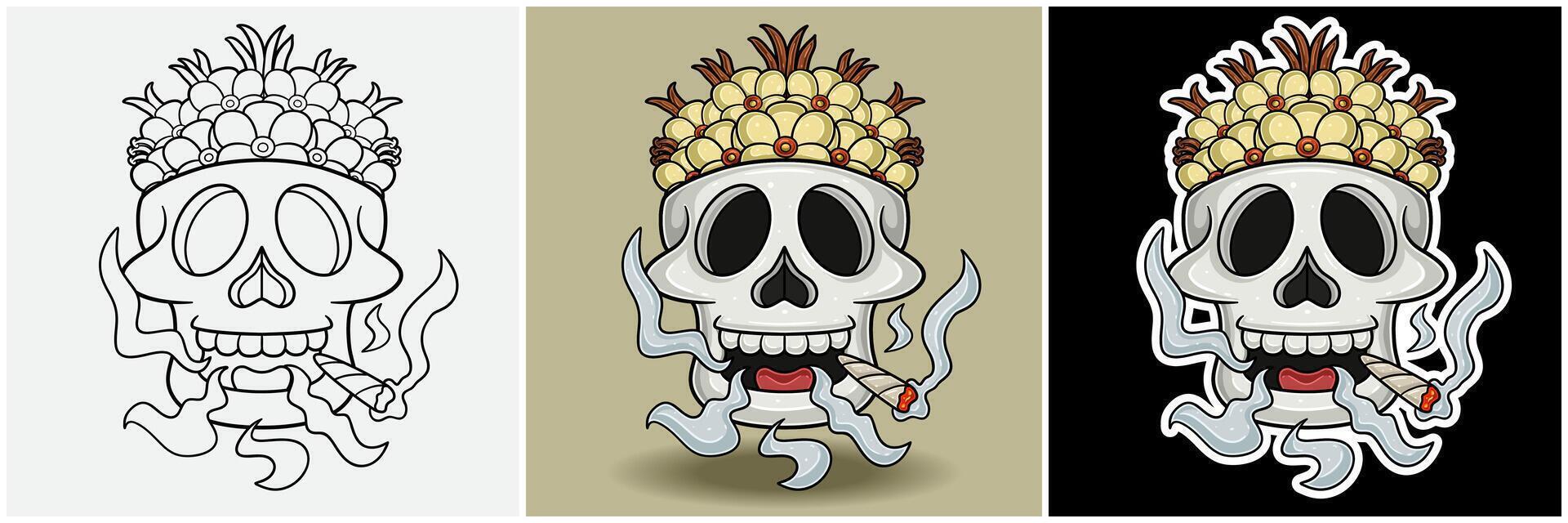 Vanilla Inside Skull Head With Smoking Character Cartoon. Black White, Colorful and Sticker Style. vector