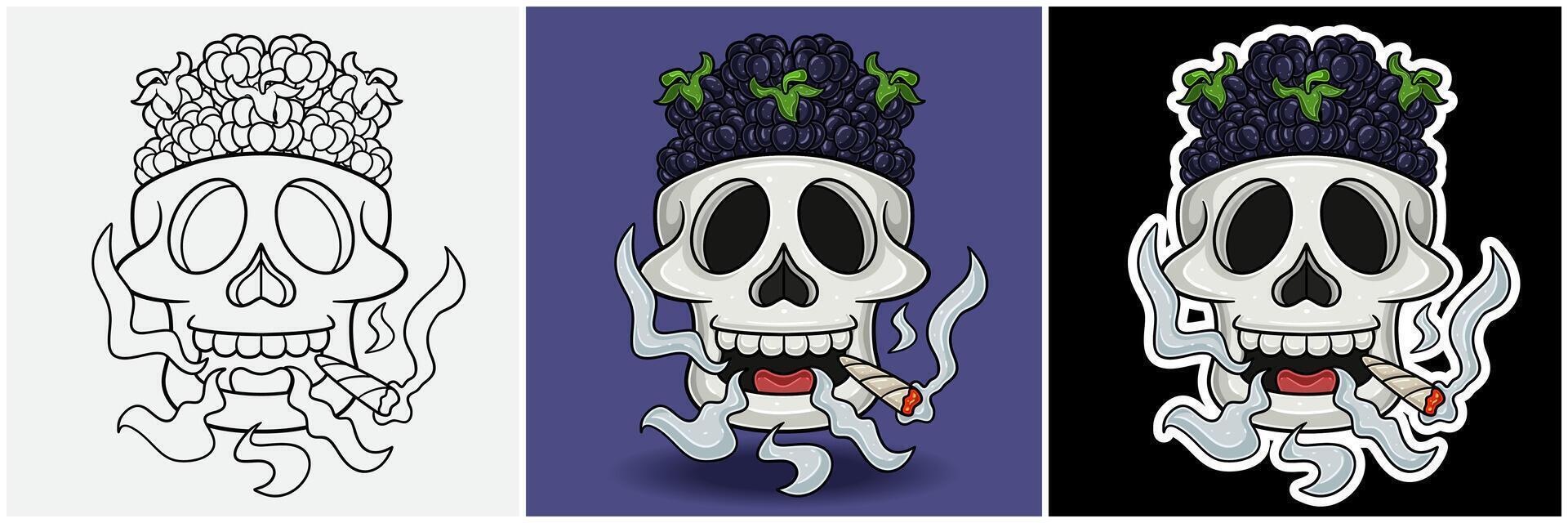 Blackberry Fruit Inside Skull Head With Smoking Character Cartoon. Black White, Colorful and Sticker Style vector