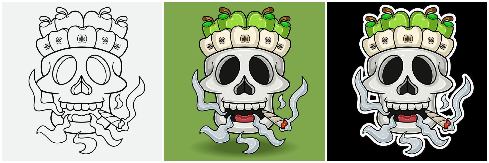 Green Apple Fruit Inside Skull Head With Smoking Character Cartoon. Black White, Colorful and Sticker Style. vector