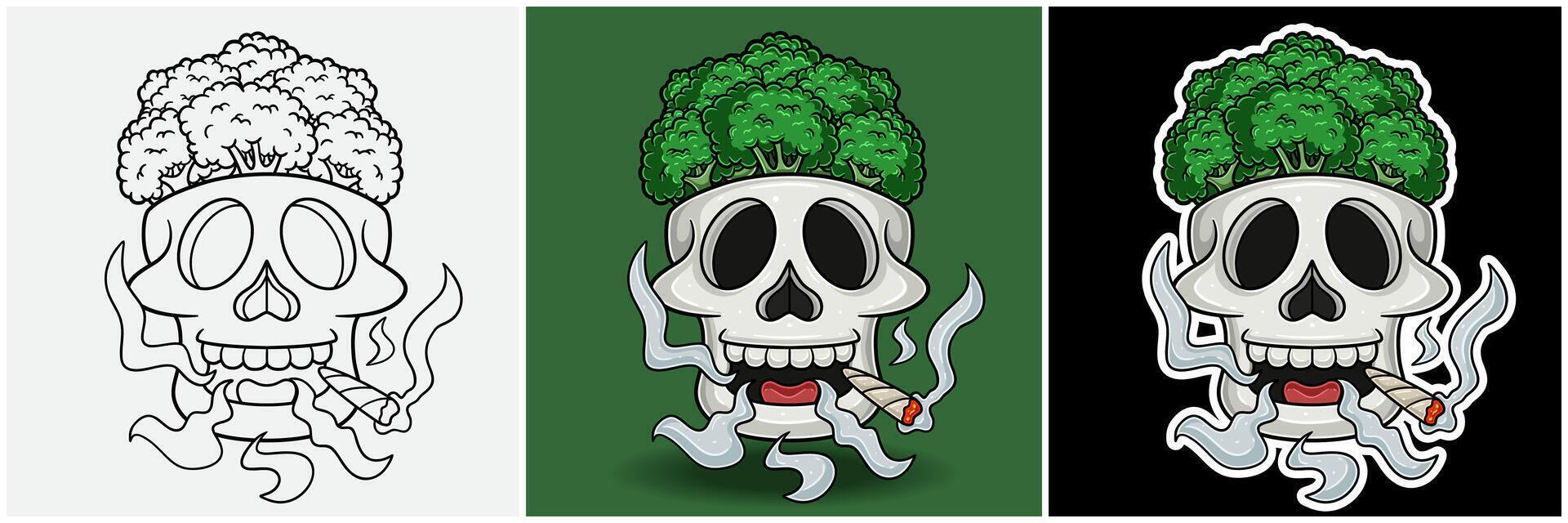 Broccoli Inside Skull Head With Smoking Character Cartoon. Black White, Colorful and Sticker Style. vector