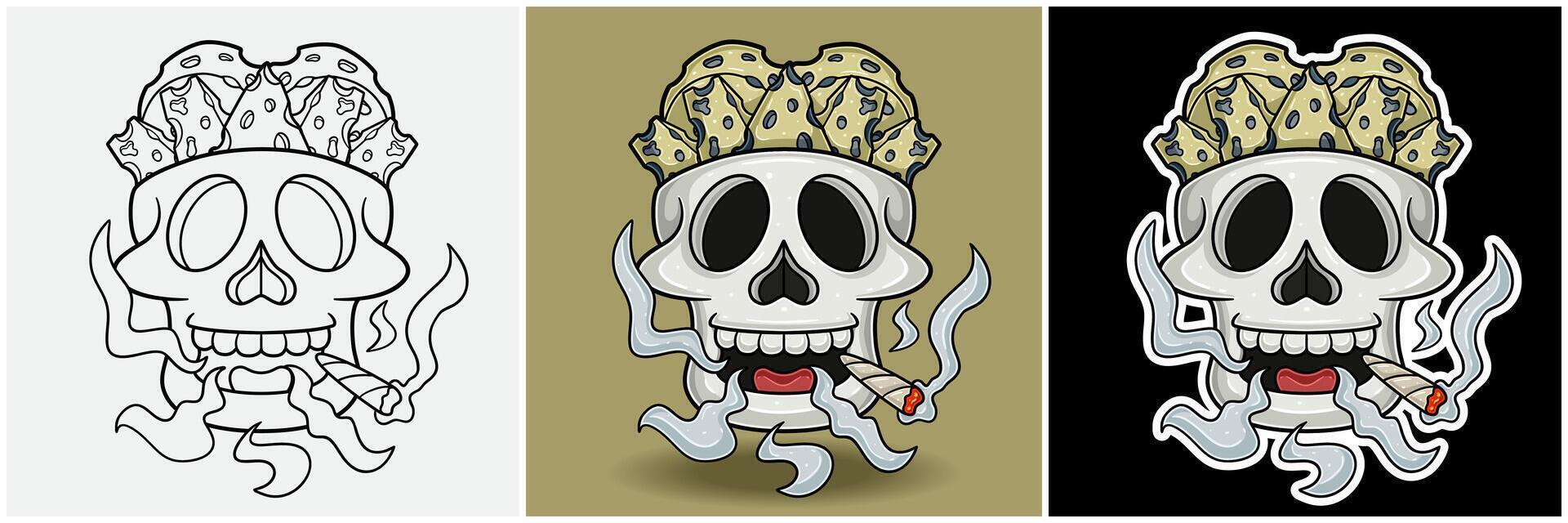 Blue Cheese Inside Skull Head With Smoking Character Cartoon. Black White, Colorful and Sticker Style vector