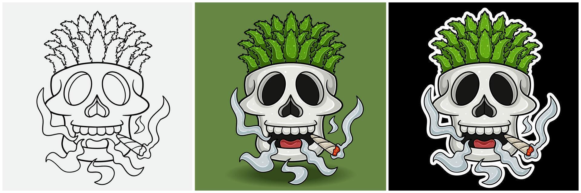 Aloe Vera Inside Skull Head With Smoking Character Cartoon. Black White, Colorful and Sticker Style vector