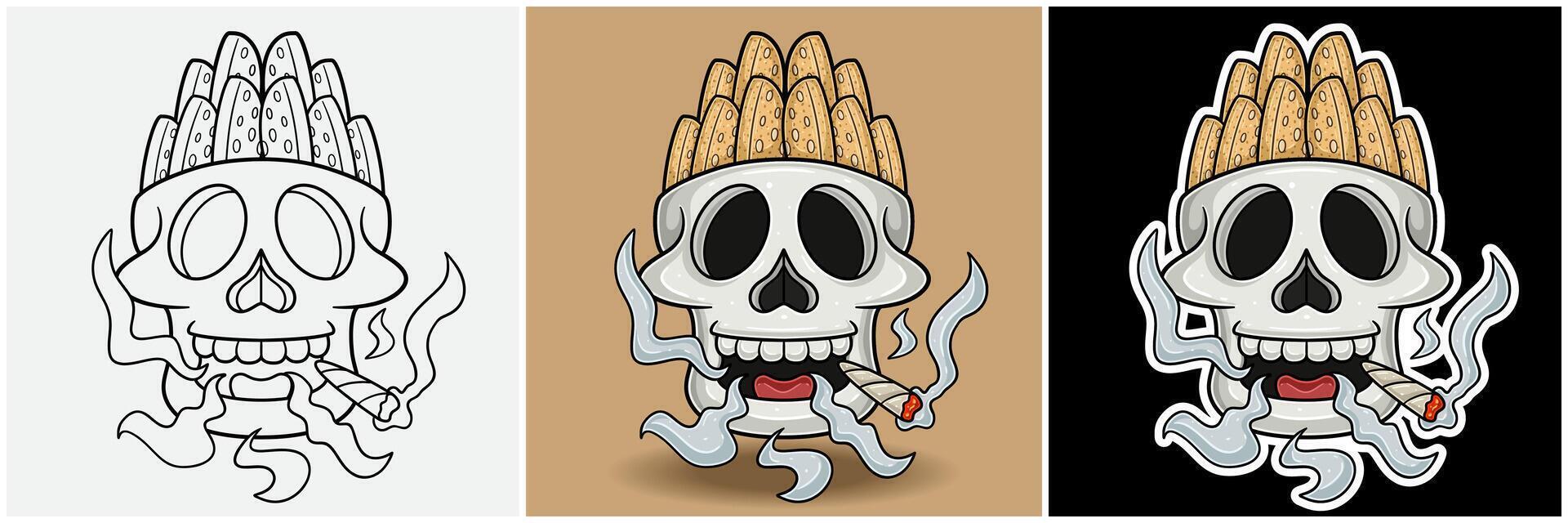 Biscotti Inside Skull Head With Smoking Character Cartoon. Black White, Colorful and Sticker Style. vector