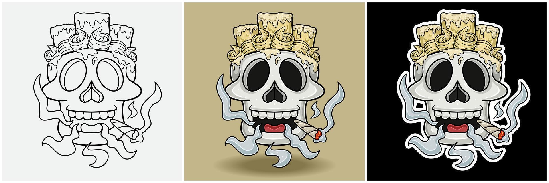 Margarine Inside Skull Head With Smoking Character Cartoon. Black White, Colorful and Sticker Style. vector