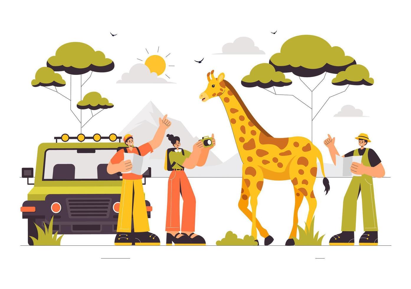 Animal Safari Journey A Illustration of Tourists Observing Wildlife in a Flat Style Background vector