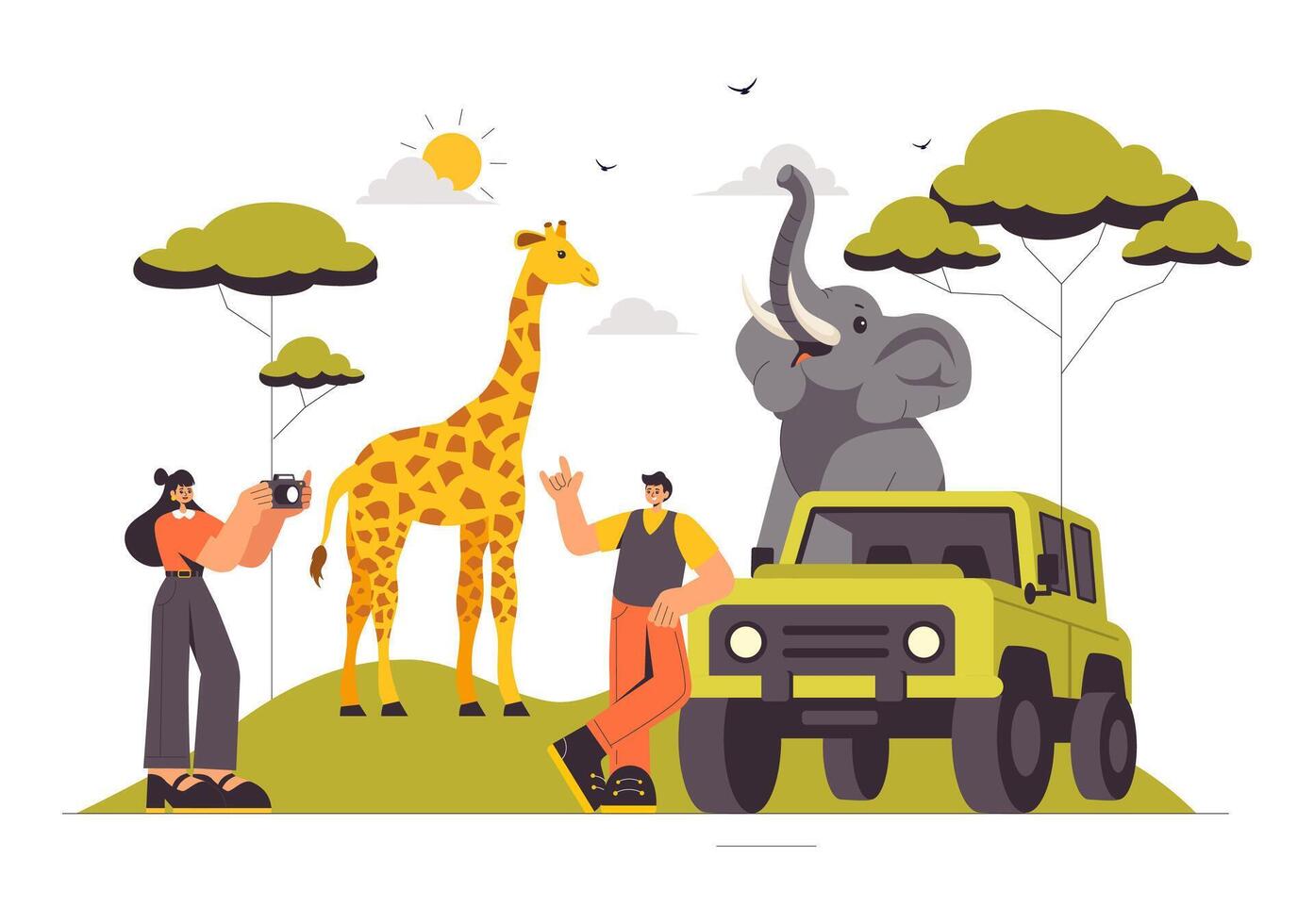 Visitors Enjoy a Safari Park Tour with Giraffes and Elephants in a Colorful Cartoon Illustration vector