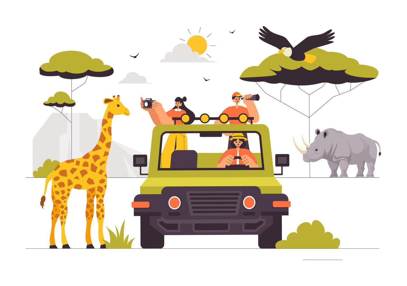 Wildlife Adventure Tourists Exploring a Zoo with Giraffes, Elephants, and Other Animals in a Flat Cartoon Style vector