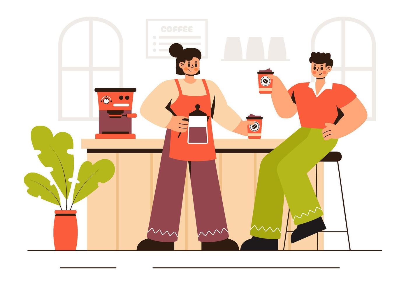 Coffee Lovers Illustration Enjoying a Tasting Session in a Modern Cafe vector