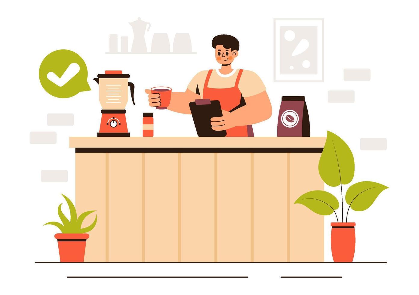 Coffee Brewing and Tasting Illustration in a Cafe with Cups, Kettle, and Happy Customers vector
