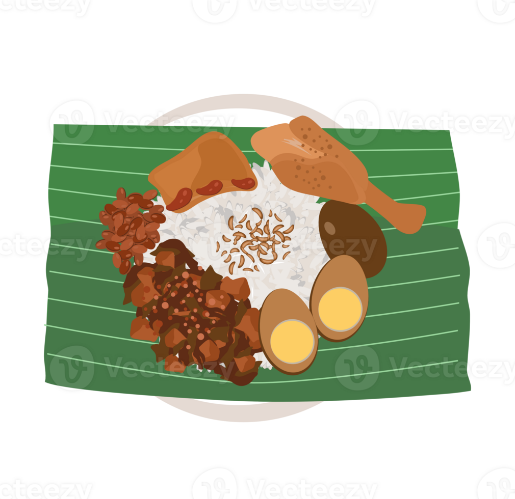 An illustration of a plate of food on a banana leaf png