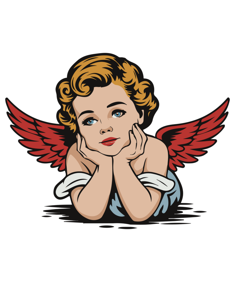 A cartoon angel with red wings sitting on the ground png