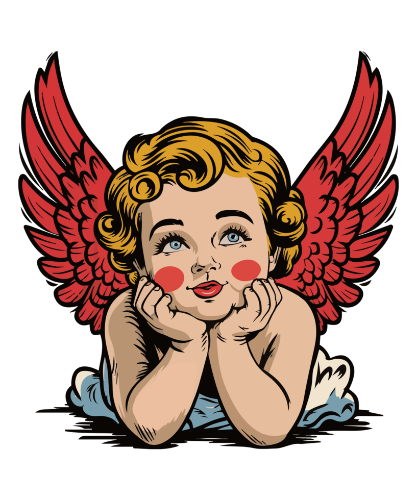 A cartoon angel with red wings and a heart png