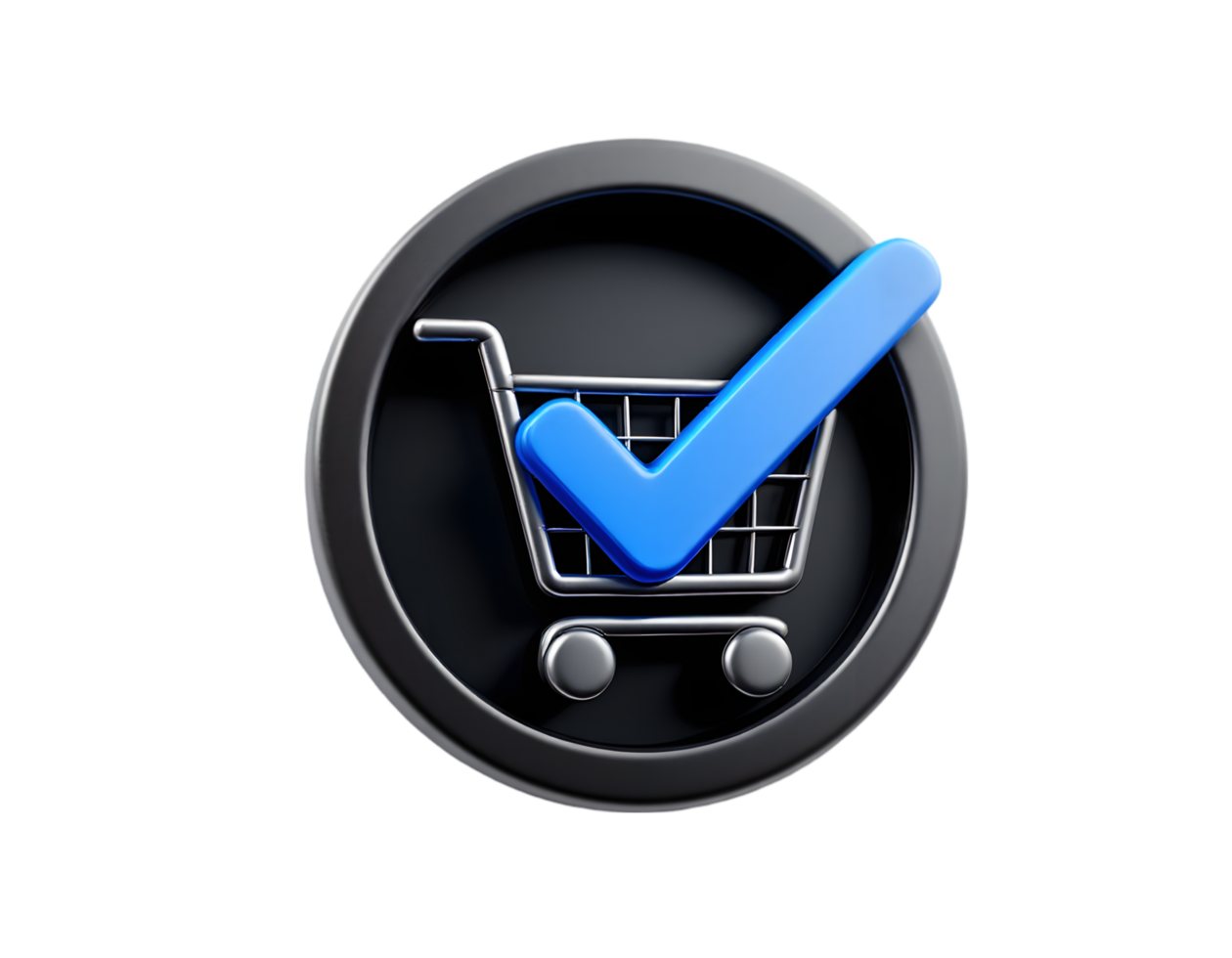 3D rendering of a shopping cart icon with a blue checkmark, symbolizing a successful online purchase. png